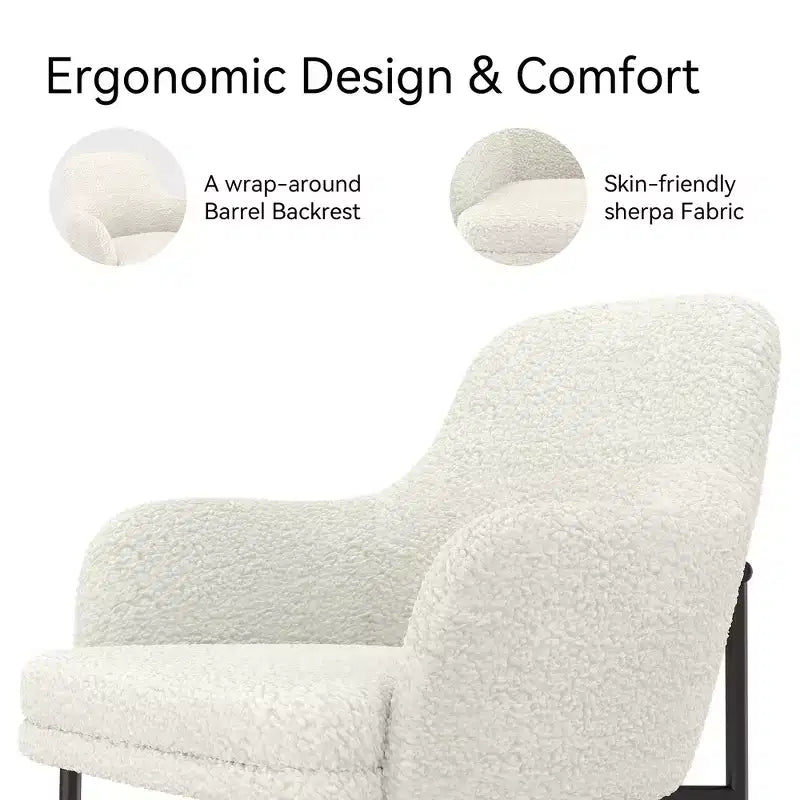 Dyonery Mid-Century Modern Boucle Dining Chair, Cozy Upholstered Back & Armrest, Metal Legs, White Accent Chair