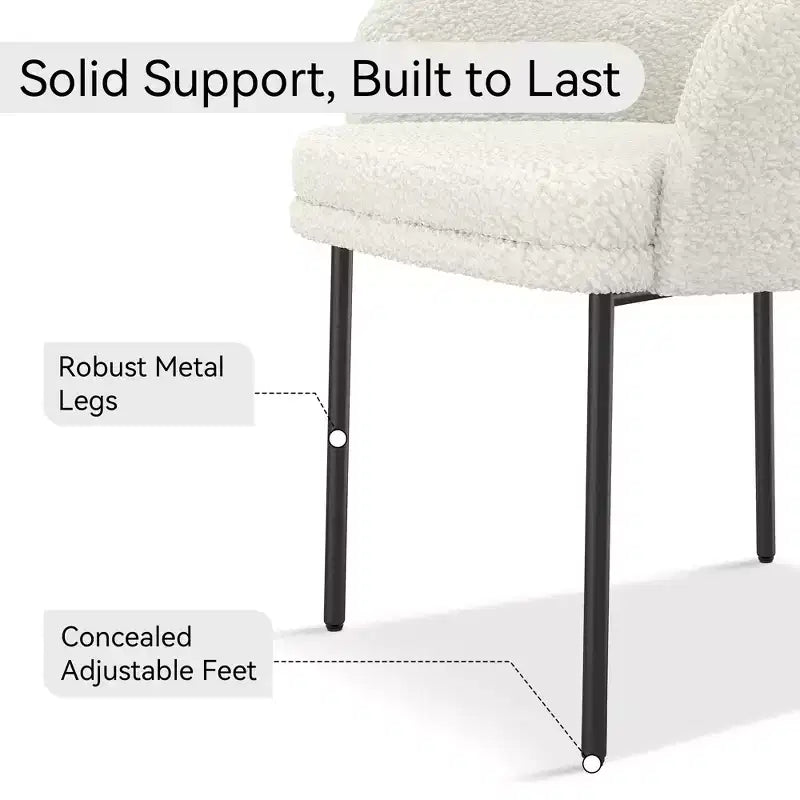 Dyonery Mid-Century Modern Boucle Dining Chair, Cozy Upholstered Back & Armrest, Metal Legs, White Accent Chair