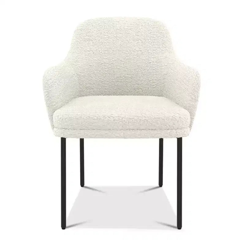 Dyonery Mid-Century Modern Boucle Dining Chair, Cozy Upholstered Back & Armrest, Metal Legs, White Accent Chair