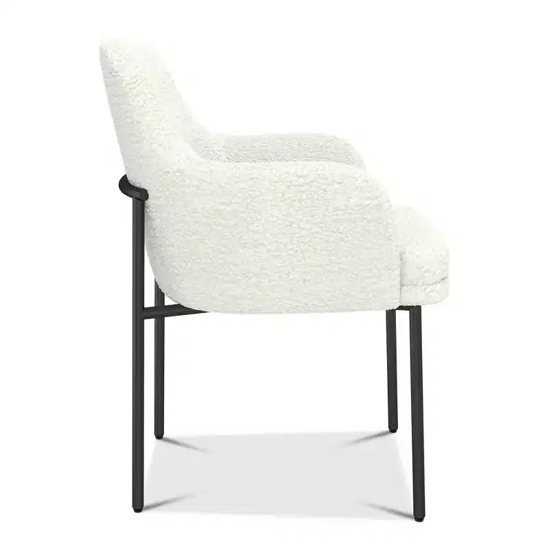 Dyonery Mid-Century Modern Boucle Dining Chair, Cozy Upholstered Back & Armrest, Metal Legs, White Accent Chair