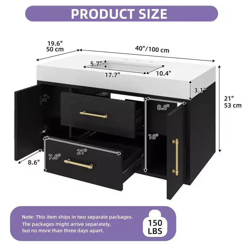 40 Inch Floating Vanity Set with 2 Closing Doors 2 Drawers Storage Cabinet