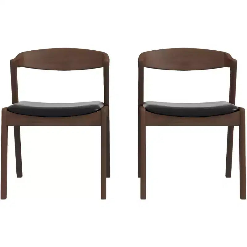 Homy Casa Set of 2 Mid-Century Modern Solid Wood Dining Chairs with Faux Leather Seat, Small Space, Holiday Gathering, Walnut and Black