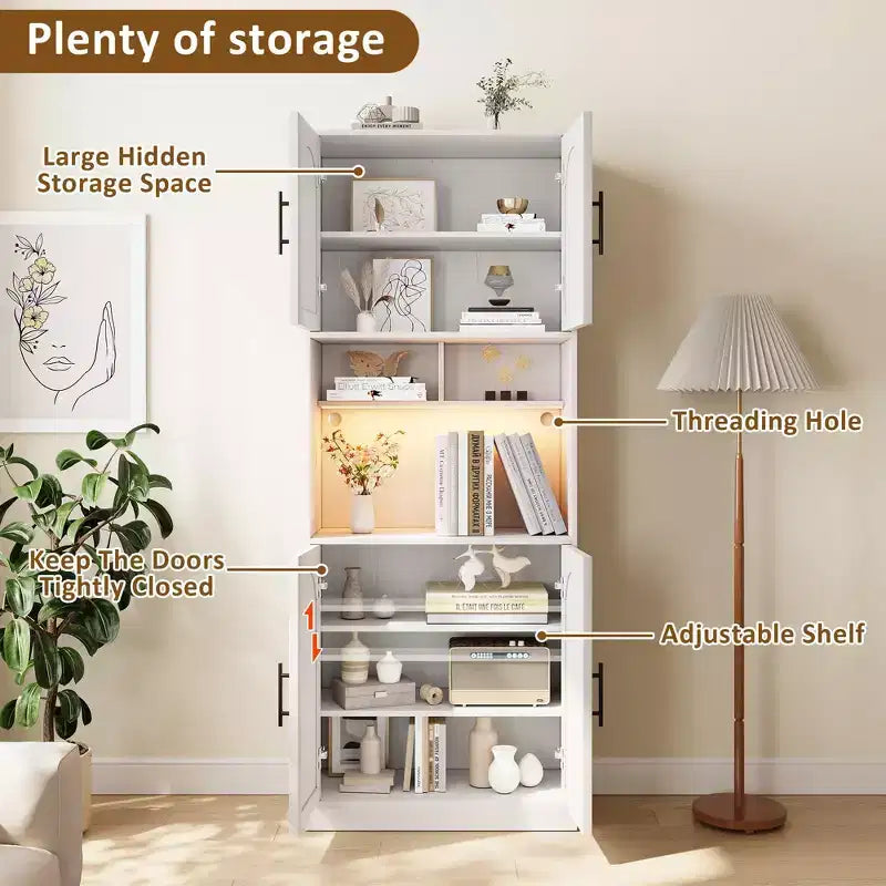 Pantry Cabinet with LED Light, 71 Kitchen Storage Hutch with Microwave Stand for Dining Room and Living Room