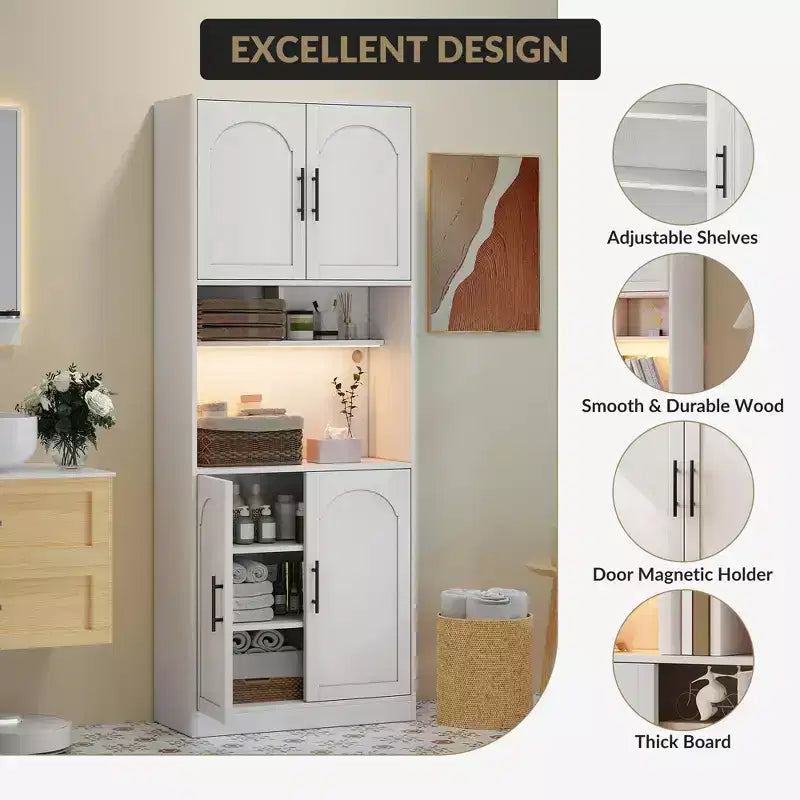 Pantry Cabinet with LED Light, 71 Kitchen Storage Hutch with Microwave Stand for Dining Room and Living Room