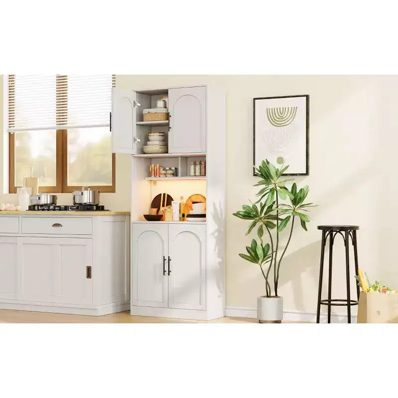 Pantry Cabinet with LED Light, 71 Kitchen Storage Hutch with Microwave Stand for Dining Room and Living Room