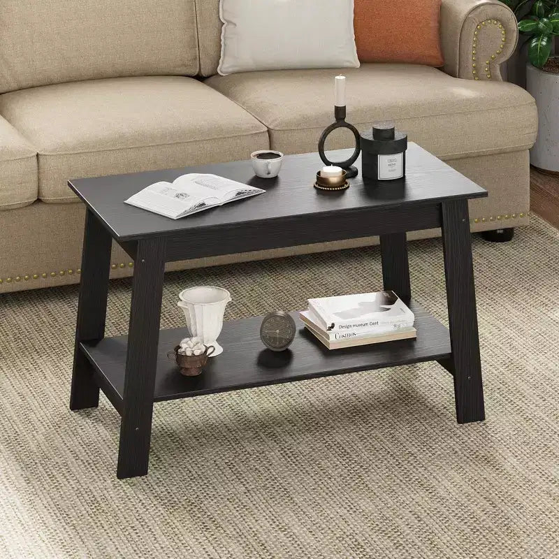 Coffee Table, Living Room Coffee Table - 2-Tier Rustic Wood Rectangle Table with Open Storage, Easy Assembly for Reception Room