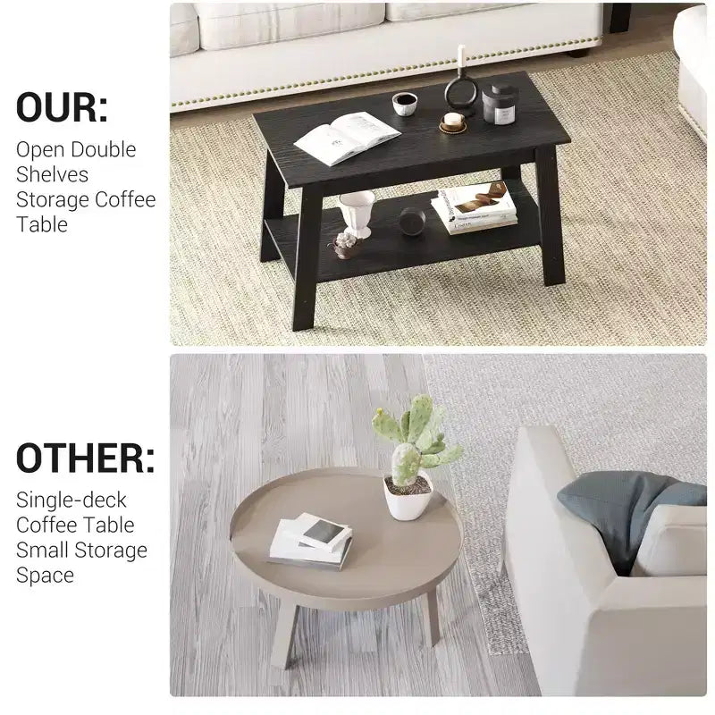 Coffee Table, Living Room Coffee Table - 2-Tier Rustic Wood Rectangle Table with Open Storage, Easy Assembly for Reception Room