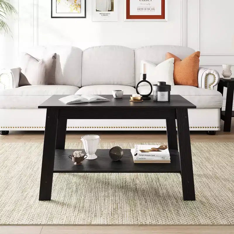 Coffee Table, Living Room Coffee Table - 2-Tier Rustic Wood Rectangle Table with Open Storage, Easy Assembly for Reception Room