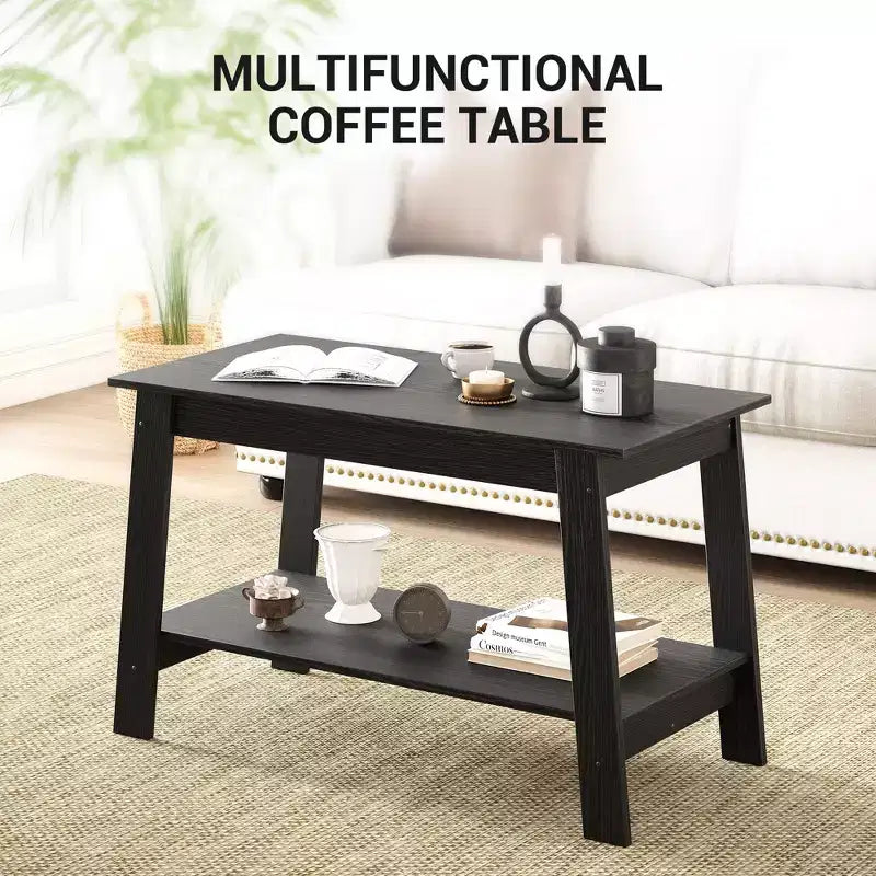 Coffee Table, Living Room Coffee Table - 2-Tier Rustic Wood Rectangle Table with Open Storage, Easy Assembly for Reception Room