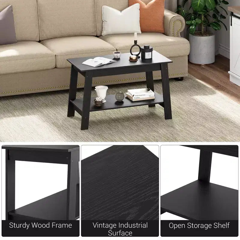 Coffee Table, Living Room Coffee Table - 2-Tier Rustic Wood Rectangle Table with Open Storage, Easy Assembly for Reception Room