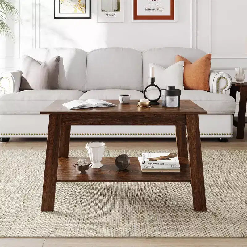 Coffee Table, Living Room Coffee Table - 2-Tier Rustic Wood Rectangle Table with Open Storage, Easy Assembly for Reception Room