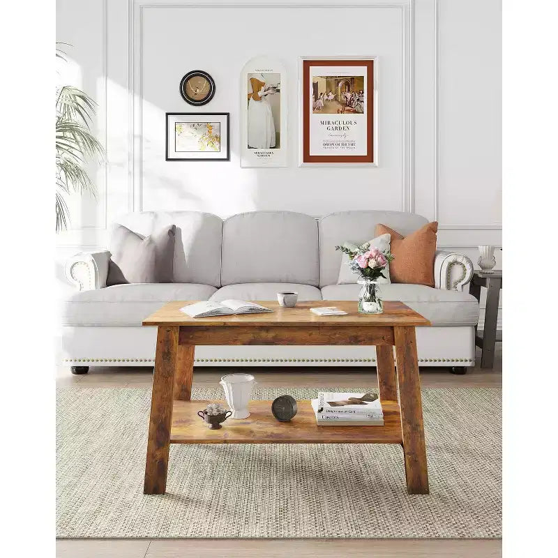 Coffee Table, Living Room Coffee Table - 2-Tier Rustic Wood Rectangle Table with Open Storage, Easy Assembly for Reception Room