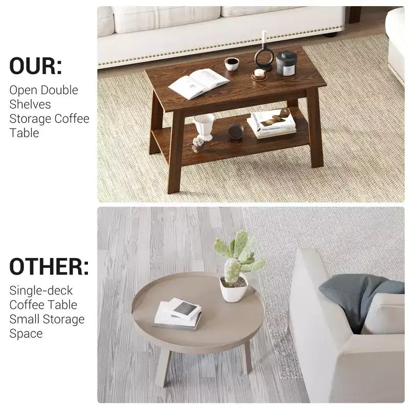 Coffee Table, Living Room Coffee Table - 2-Tier Rustic Wood Rectangle Table with Open Storage, Easy Assembly for Reception Room