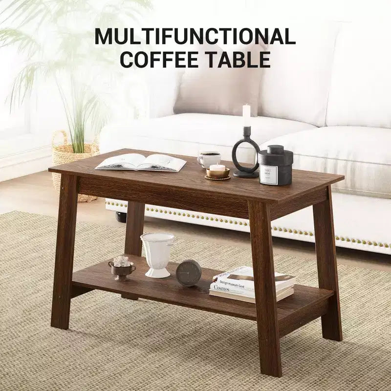 Coffee Table, Living Room Coffee Table - 2-Tier Rustic Wood Rectangle Table with Open Storage, Easy Assembly for Reception Room