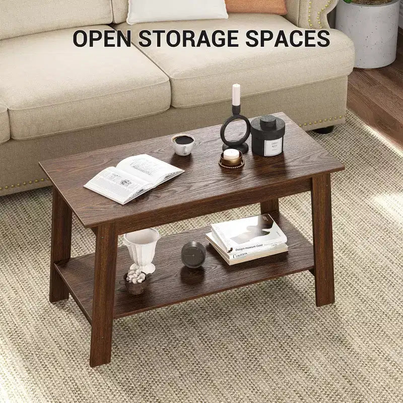 Coffee Table, Living Room Coffee Table - 2-Tier Rustic Wood Rectangle Table with Open Storage, Easy Assembly for Reception Room