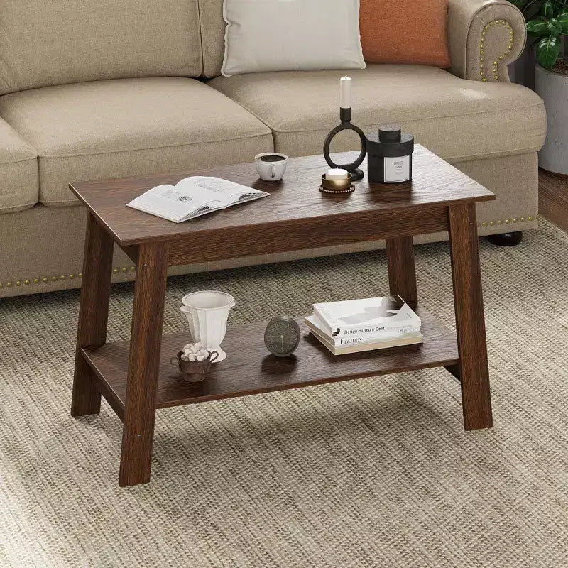 Coffee Table, Living Room Coffee Table - 2-Tier Rustic Wood Rectangle Table with Open Storage, Easy Assembly for Reception Room