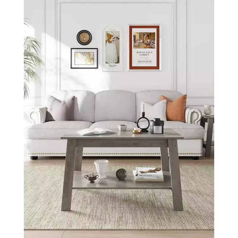 Coffee Table, Living Room Coffee Table - 2-Tier Rustic Wood Rectangle Table with Open Storage, Easy Assembly for Reception Room