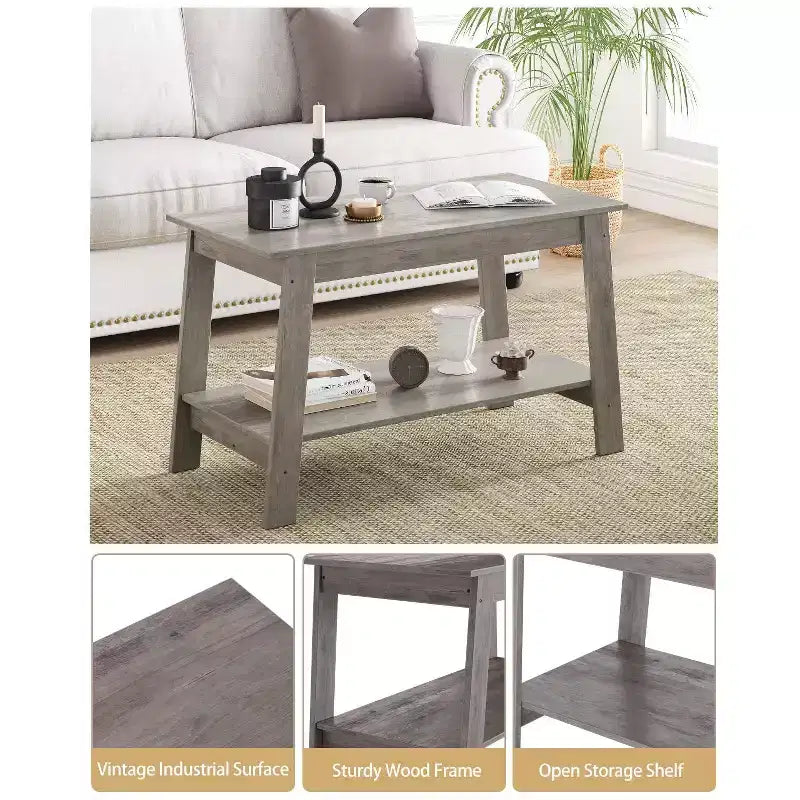 Coffee Table, Living Room Coffee Table - 2-Tier Rustic Wood Rectangle Table with Open Storage, Easy Assembly for Reception Room