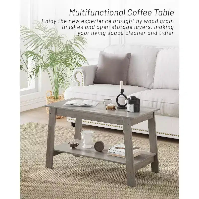 Coffee Table, Living Room Coffee Table - 2-Tier Rustic Wood Rectangle Table with Open Storage, Easy Assembly for Reception Room