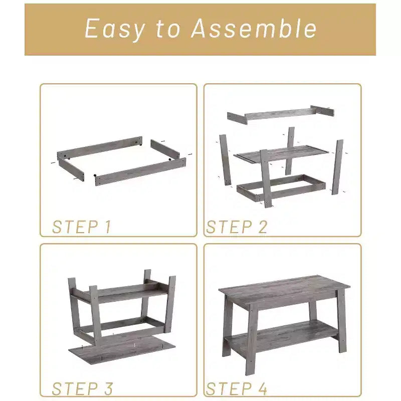 Coffee Table, Living Room Coffee Table - 2-Tier Rustic Wood Rectangle Table with Open Storage, Easy Assembly for Reception Room
