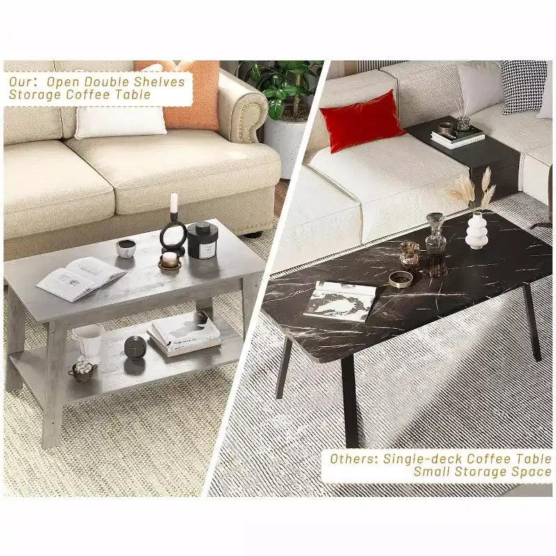 Coffee Table, Living Room Coffee Table - 2-Tier Rustic Wood Rectangle Table with Open Storage, Easy Assembly for Reception Room