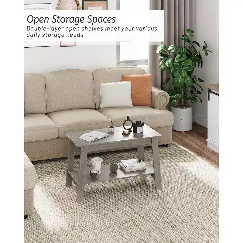 Coffee Table, Living Room Coffee Table - 2-Tier Rustic Wood Rectangle Table with Open Storage, Easy Assembly for Reception Room