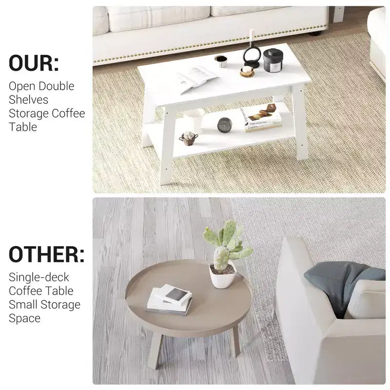 Coffee Table, Living Room Coffee Table - 2-Tier Rustic Wood Rectangle Table with Open Storage, Easy Assembly for Reception Room