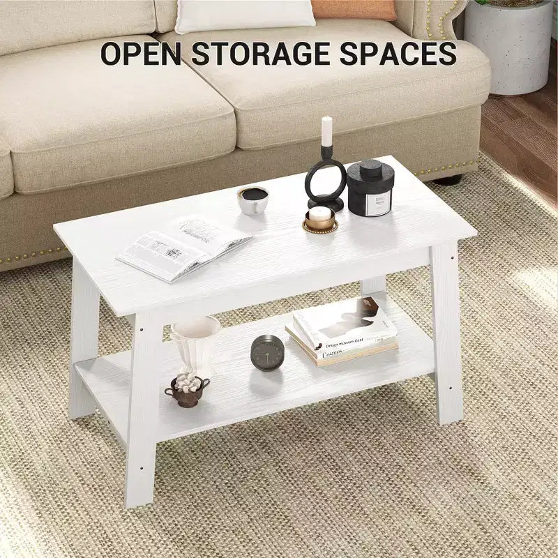 Coffee Table, Living Room Coffee Table - 2-Tier Rustic Wood Rectangle Table with Open Storage, Easy Assembly for Reception Room