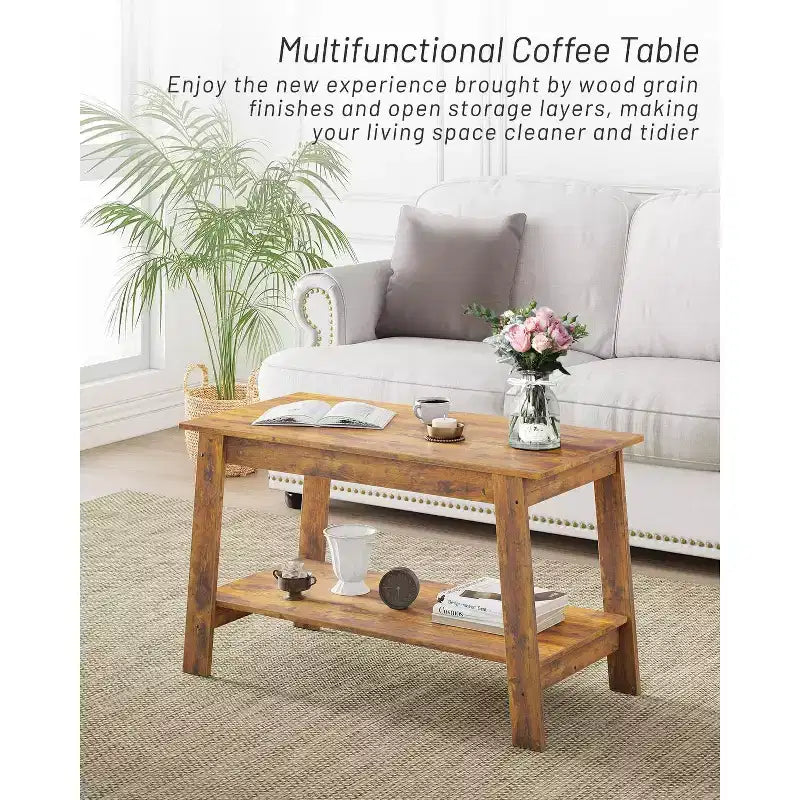 Coffee Table, Living Room Coffee Table - 2-Tier Rustic Wood Rectangle Table with Open Storage, Easy Assembly for Reception Room