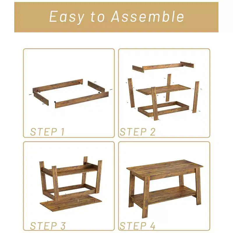 Coffee Table, Living Room Coffee Table - 2-Tier Rustic Wood Rectangle Table with Open Storage, Easy Assembly for Reception Room