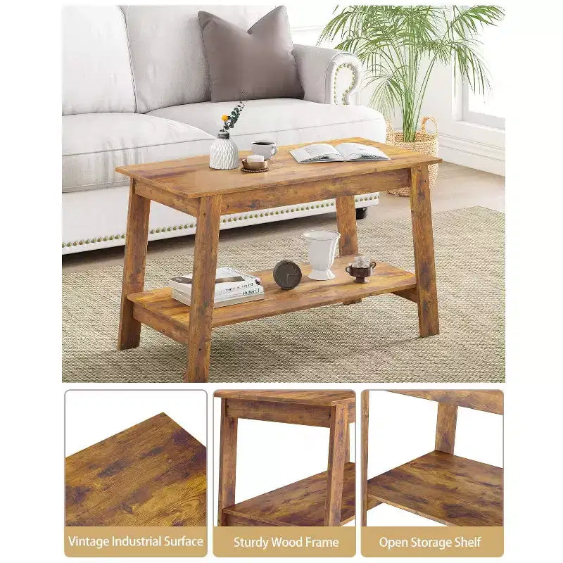 Coffee Table, Living Room Coffee Table - 2-Tier Rustic Wood Rectangle Table with Open Storage, Easy Assembly for Reception Room