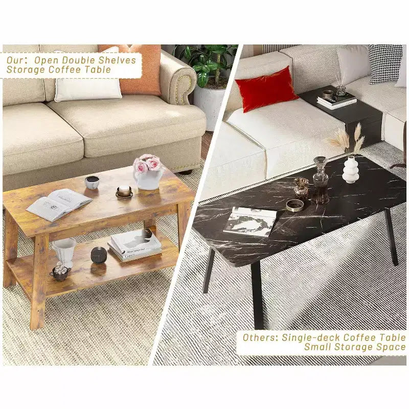 Coffee Table, Living Room Coffee Table - 2-Tier Rustic Wood Rectangle Table with Open Storage, Easy Assembly for Reception Room