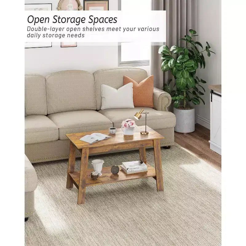 Coffee Table, Living Room Coffee Table - 2-Tier Rustic Wood Rectangle Table with Open Storage, Easy Assembly for Reception Room