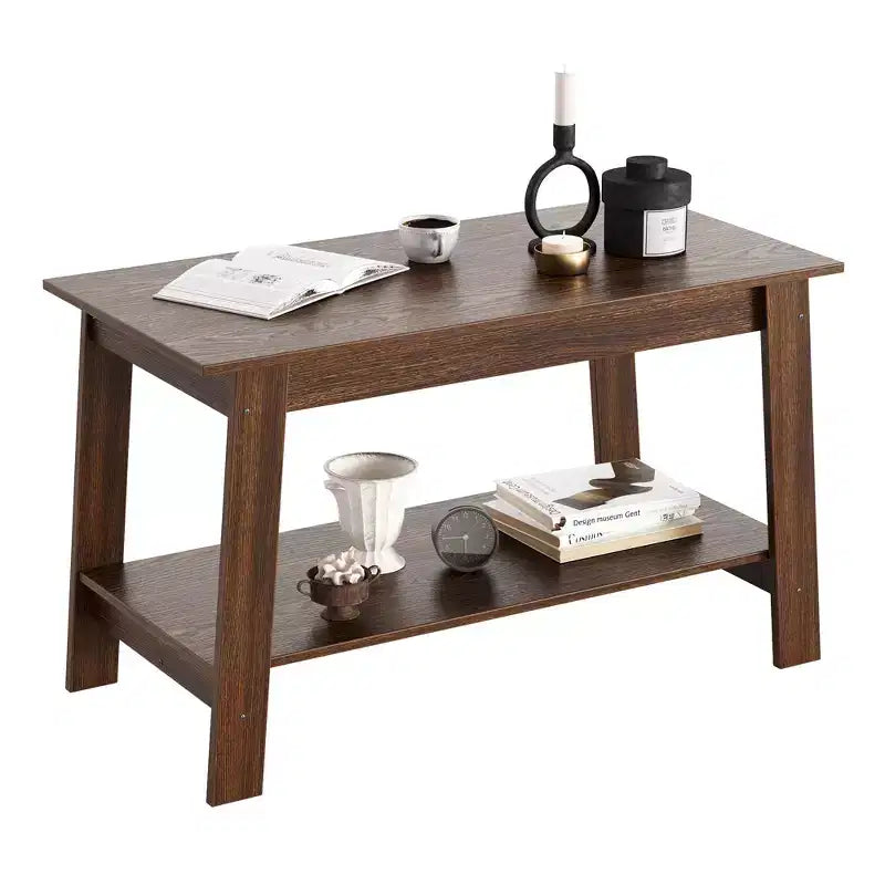 Coffee Table, Living Room Coffee Table - 2-Tier Rustic Wood Rectangle Table with Open Storage, Easy Assembly for Reception Room