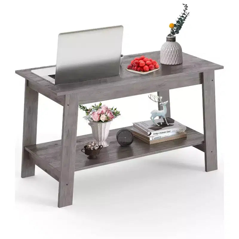 Coffee Table, Living Room Coffee Table - 2-Tier Rustic Wood Rectangle Table with Open Storage, Easy Assembly for Reception Room