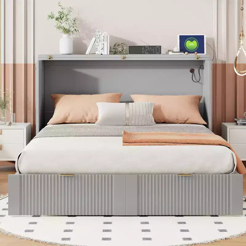 Full/Queen Size Murphy Bed with Drawer, Sockets & USB Ports, Wall Bed Foldable Cabinet Bed - ModernLuxe