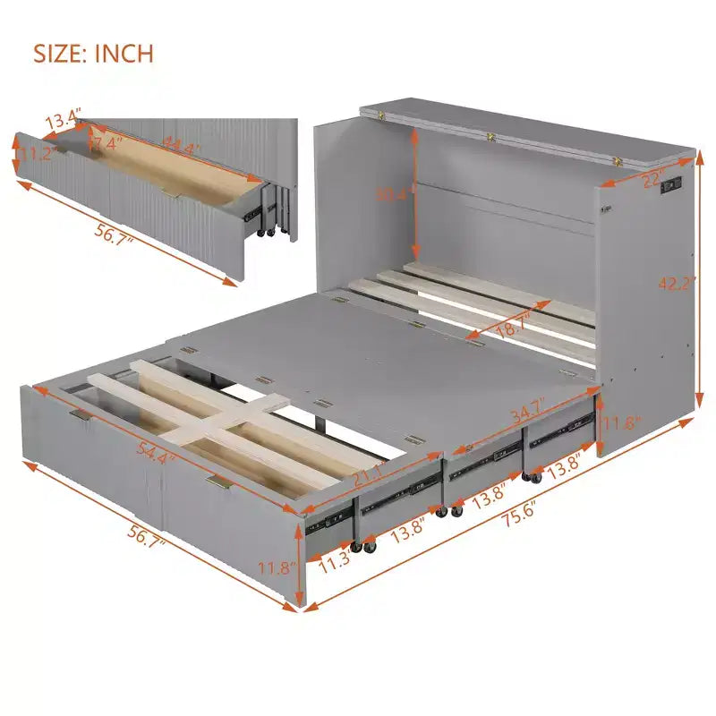 Full/Queen Size Murphy Bed with Drawer, Sockets & USB Ports, Wall Bed Foldable Cabinet Bed - ModernLuxe