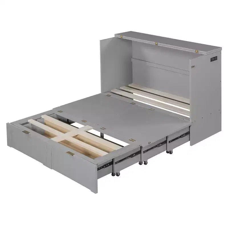 Full/Queen Size Murphy Bed with Drawer, Sockets & USB Ports, Wall Bed Foldable Cabinet Bed - ModernLuxe
