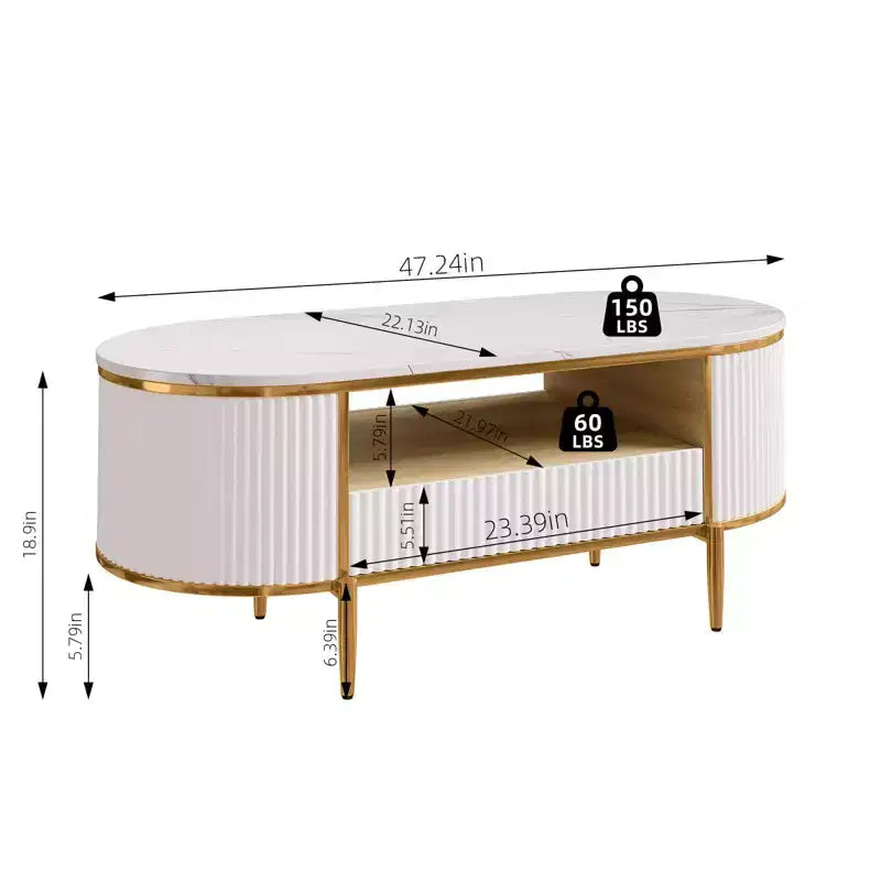 Coffee Table Modern Luxury, 47.24 Oval Fluted Design w/Sliding Drawers & Gold Metal Legs, Faux Marble Top Minimalist Center Table for Living Room