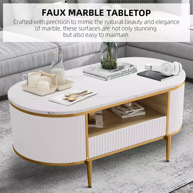 Coffee Table Modern Luxury, 47.24 Oval Fluted Design w/Sliding Drawers & Gold Metal Legs, Faux Marble Top Minimalist Center Table for Living Room