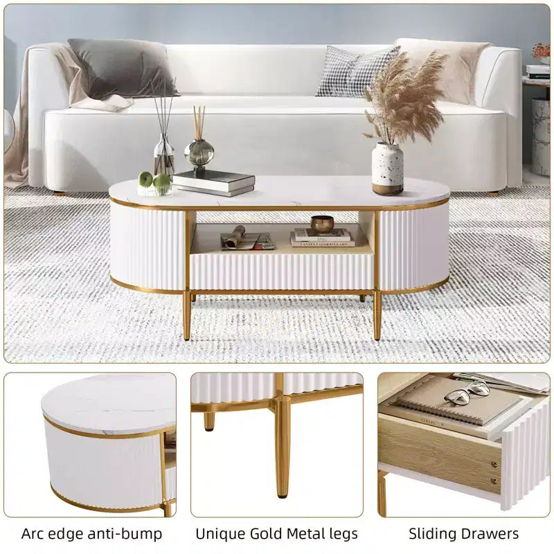 Coffee Table Modern Luxury, 47.24 Oval Fluted Design w/Sliding Drawers & Gold Metal Legs, Faux Marble Top Minimalist Center Table for Living Room