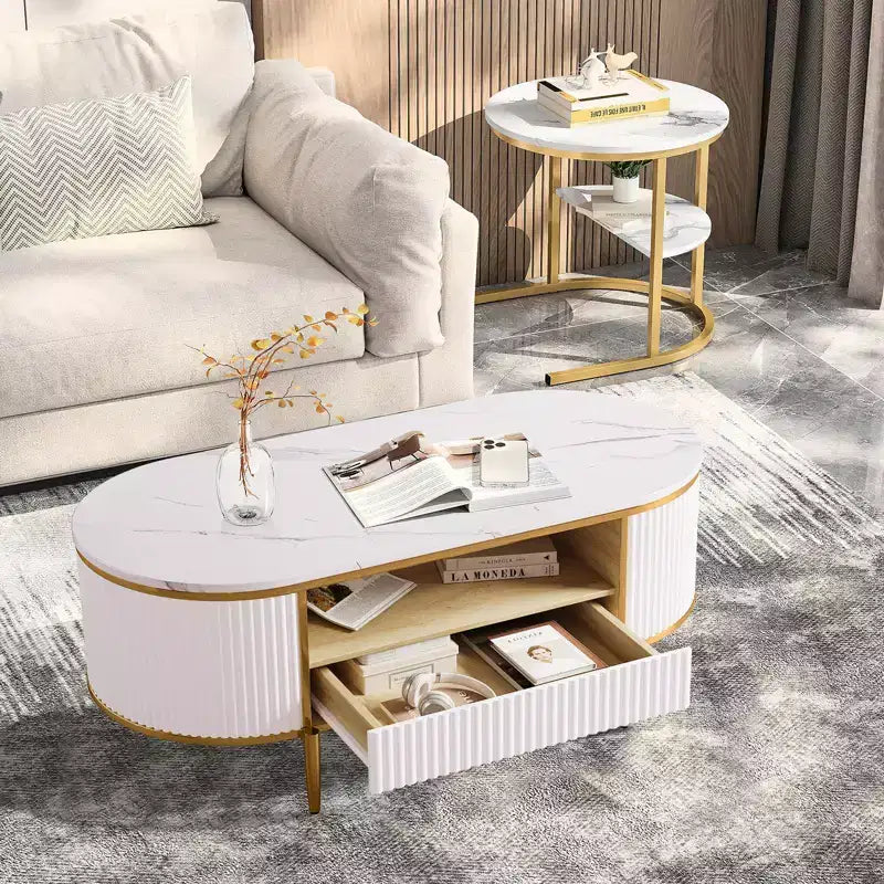 Coffee Table Modern Luxury, 47.24 Oval Fluted Design w/Sliding Drawers & Gold Metal Legs, Faux Marble Top Minimalist Center Table for Living Room