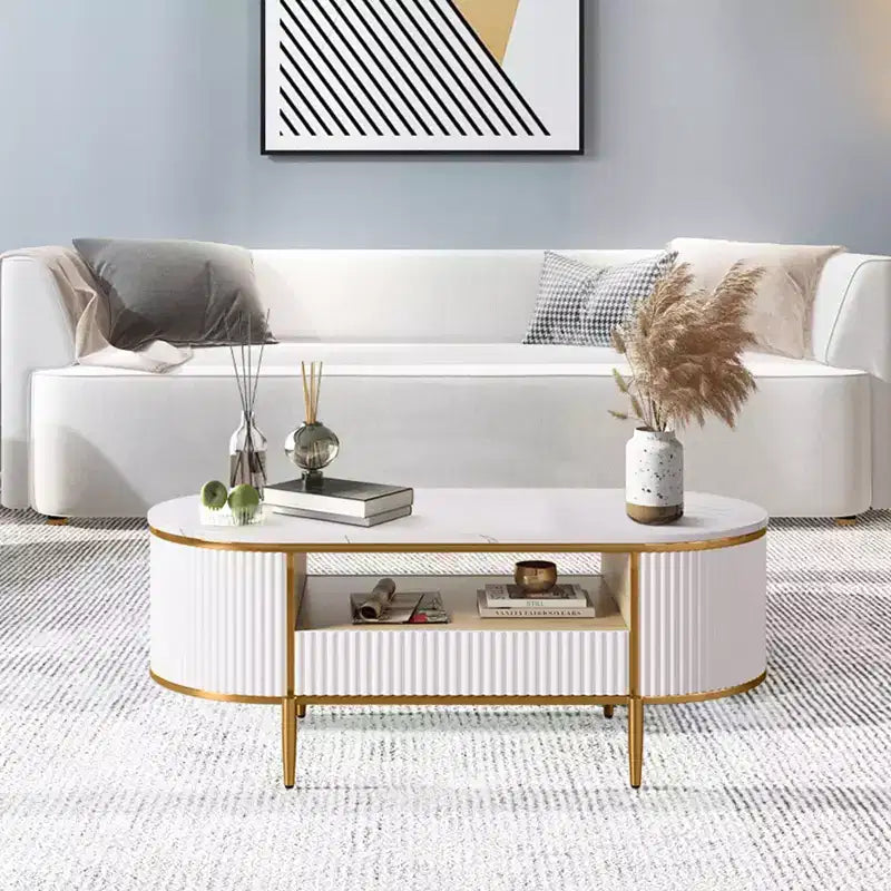 Coffee Table Modern Luxury, 47.24 Oval Fluted Design w/Sliding Drawers & Gold Metal Legs, Faux Marble Top Minimalist Center Table for Living Room