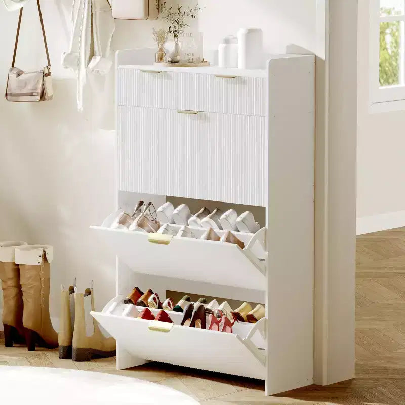 Modern Fluted Shoe Storage Cabinet 3 Flip Drawers + 2 Open Drawers, Slim Space-Saving Organizer for Entryway/Hallway (1-Piece)