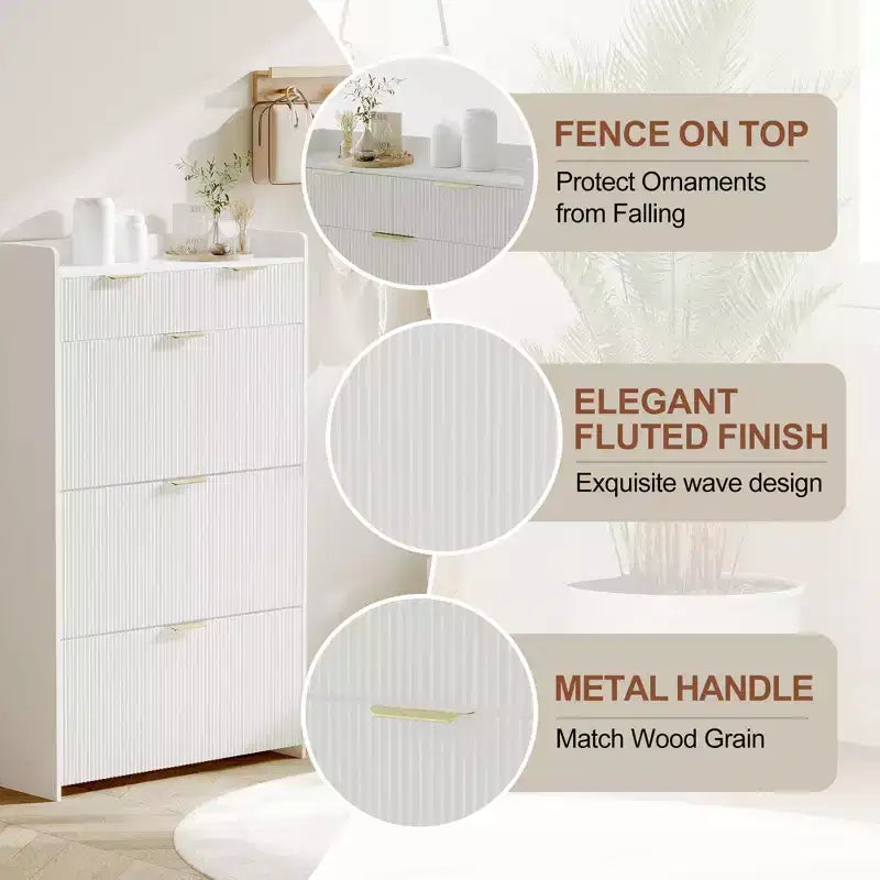 Modern Fluted Shoe Storage Cabinet 3 Flip Drawers + 2 Open Drawers, Slim Space-Saving Organizer for Entryway/Hallway (1-Piece)