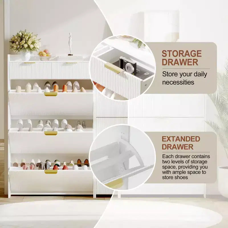 Modern Fluted Shoe Storage Cabinet 3 Flip Drawers + 2 Open Drawers, Slim Space-Saving Organizer for Entryway/Hallway (1-Piece)