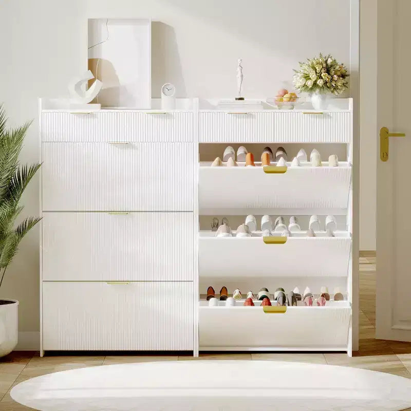 Modern Fluted Shoe Storage Cabinet 3 Flip Drawers + 2 Open Drawers, Slim Space-Saving Organizer for Entryway/Hallway (1-Piece)