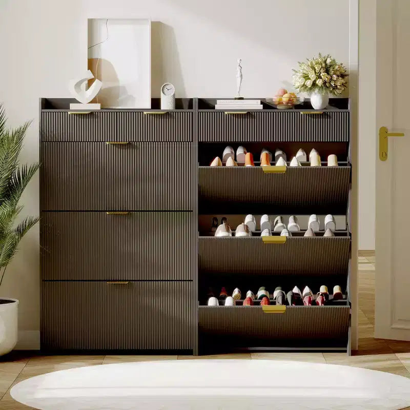 Modern Fluted Shoe Storage Cabinet 3 Flip Drawers + 2 Open Drawers, Slim Space-Saving Organizer for Entryway/Hallway (1-Piece)