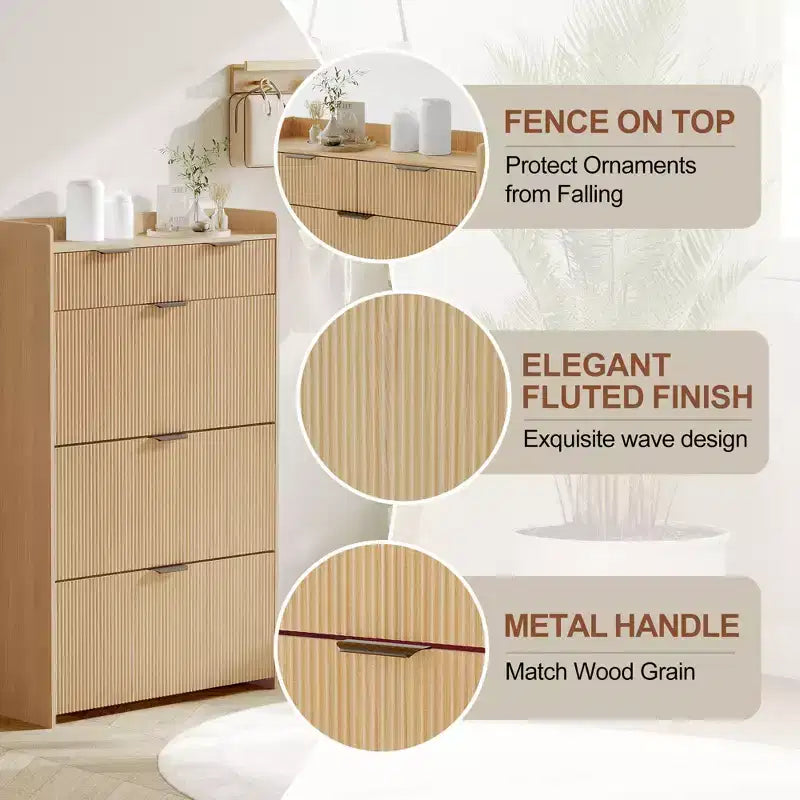 Modern Fluted Shoe Storage Cabinet 3 Flip Drawers + 2 Open Drawers, Slim Space-Saving Organizer for Entryway/Hallway (1-Piece)