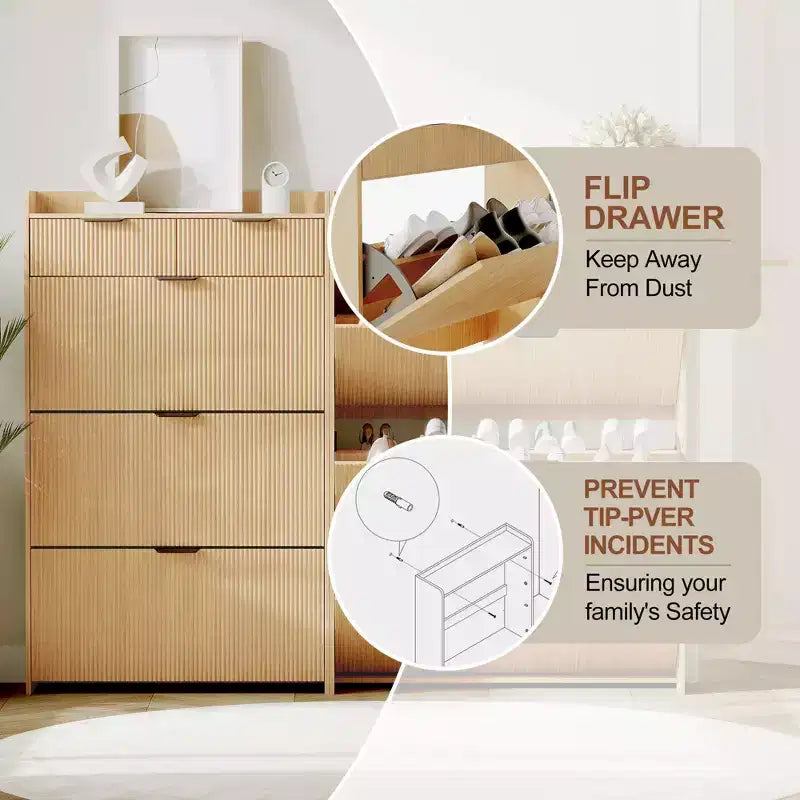 Modern Fluted Shoe Storage Cabinet 3 Flip Drawers + 2 Open Drawers, Slim Space-Saving Organizer for Entryway/Hallway (1-Piece)